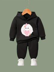 Cartoon Rabbit Pattern Hooded Sweatshirt & Solid Sweatpants Set for Girls