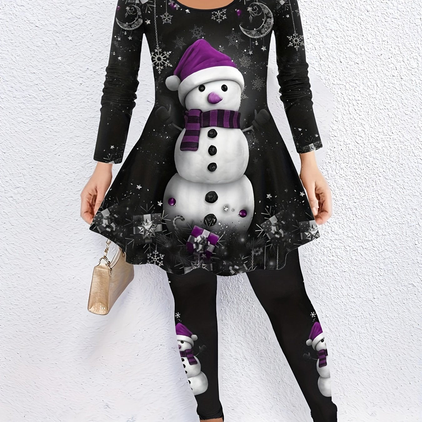 Women's Plus Snowman Print Long Sleeve Top & Pants Outfit Set