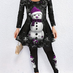 Women's Plus Snowman Print Long Sleeve Top & Pants Outfit Set
