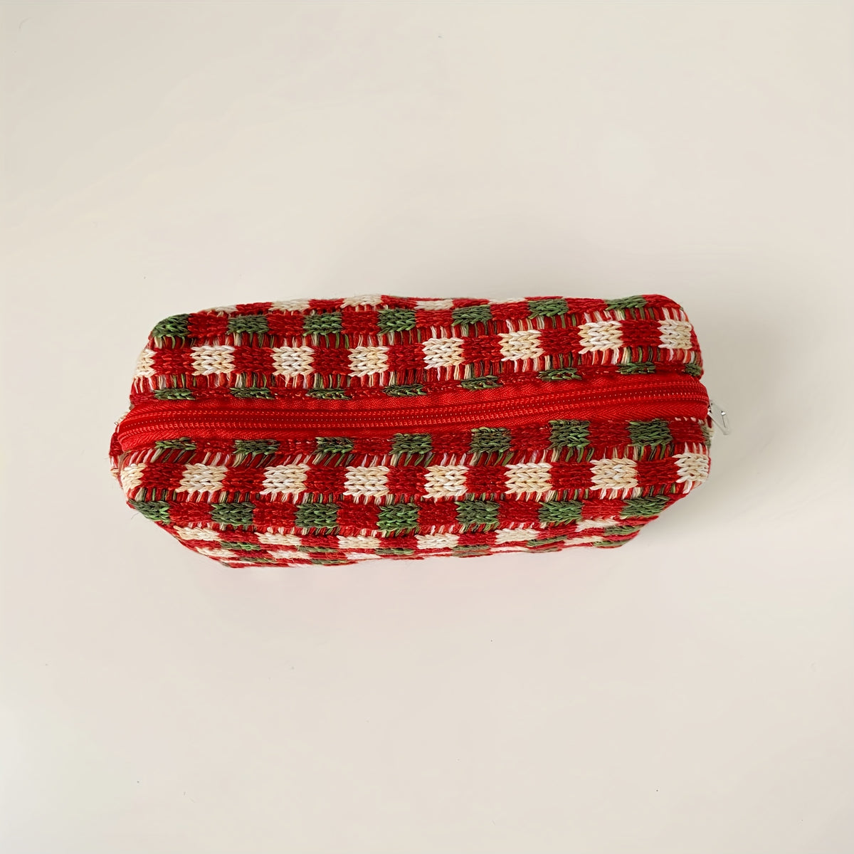 Checkered Cosmetic Bag Knitted Christmas Red Green Makeup Pouch