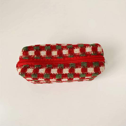 Checkered Cosmetic Bag Knitted Christmas Red Green Makeup Pouch