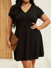  Sexy Dress Solid Short Sleeve Nipped Waist Pleated Dress