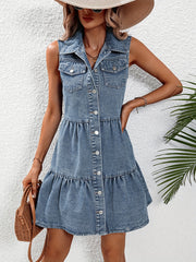  Denim Vest Dress Ruffle Trim Lapel Collar
