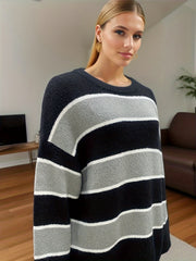  Casual Stripe Print Sweater Women's Long Sleeve Jumper