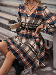  Plaid Print Long Sleeve V Neck Dress