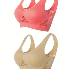 2 Pack Plus Size Sports Bra Set Women's Plus Solid Hollow Mesh Breathable