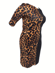  Casual Dress Women's Plus Colorblock Leopard Print Long Sleeve