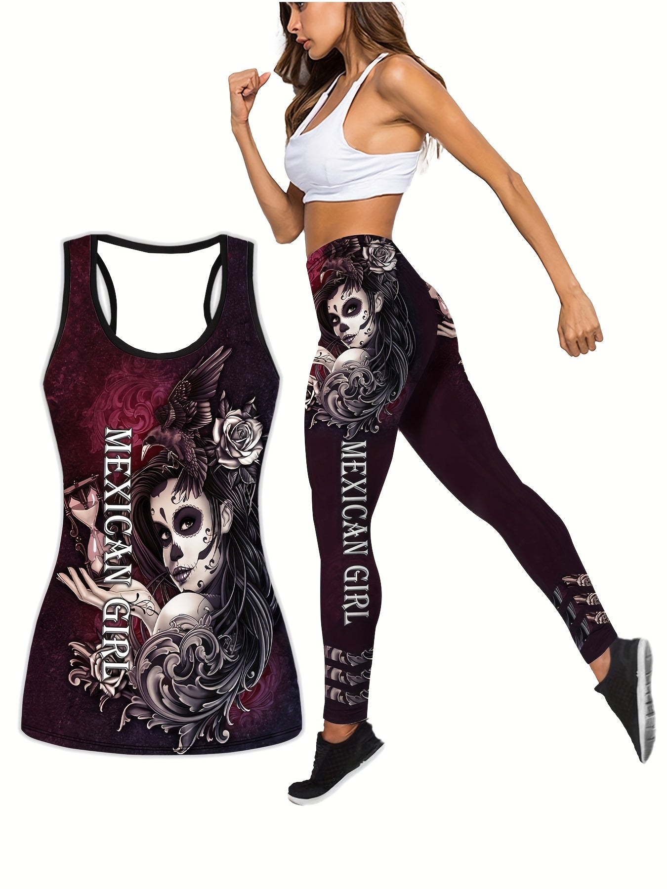  Gothic Cartoon Print Tank Top & Yoga Pants Fitness Outfit Set