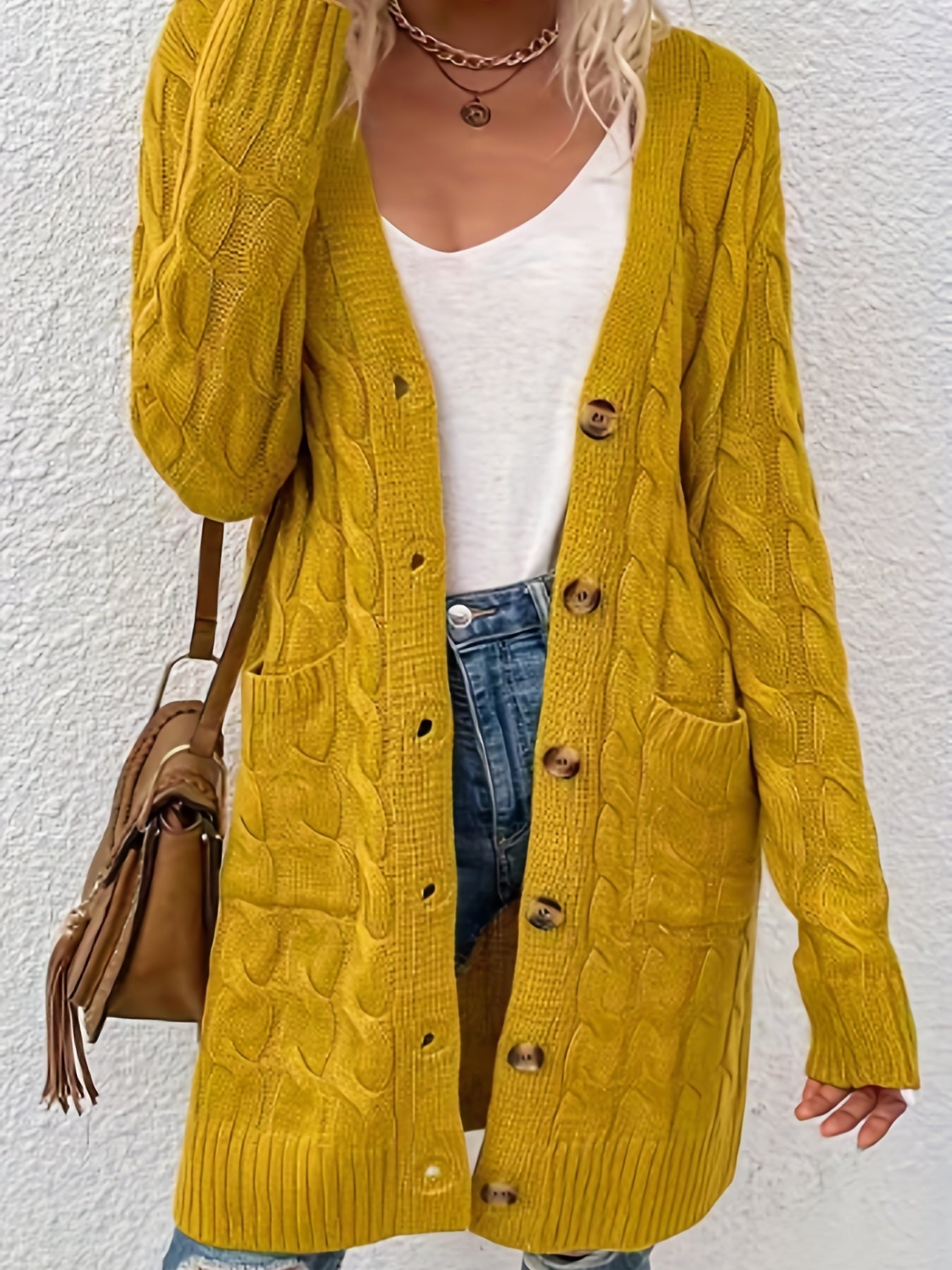  Solid Jacquard Long Cardigan With Pockets