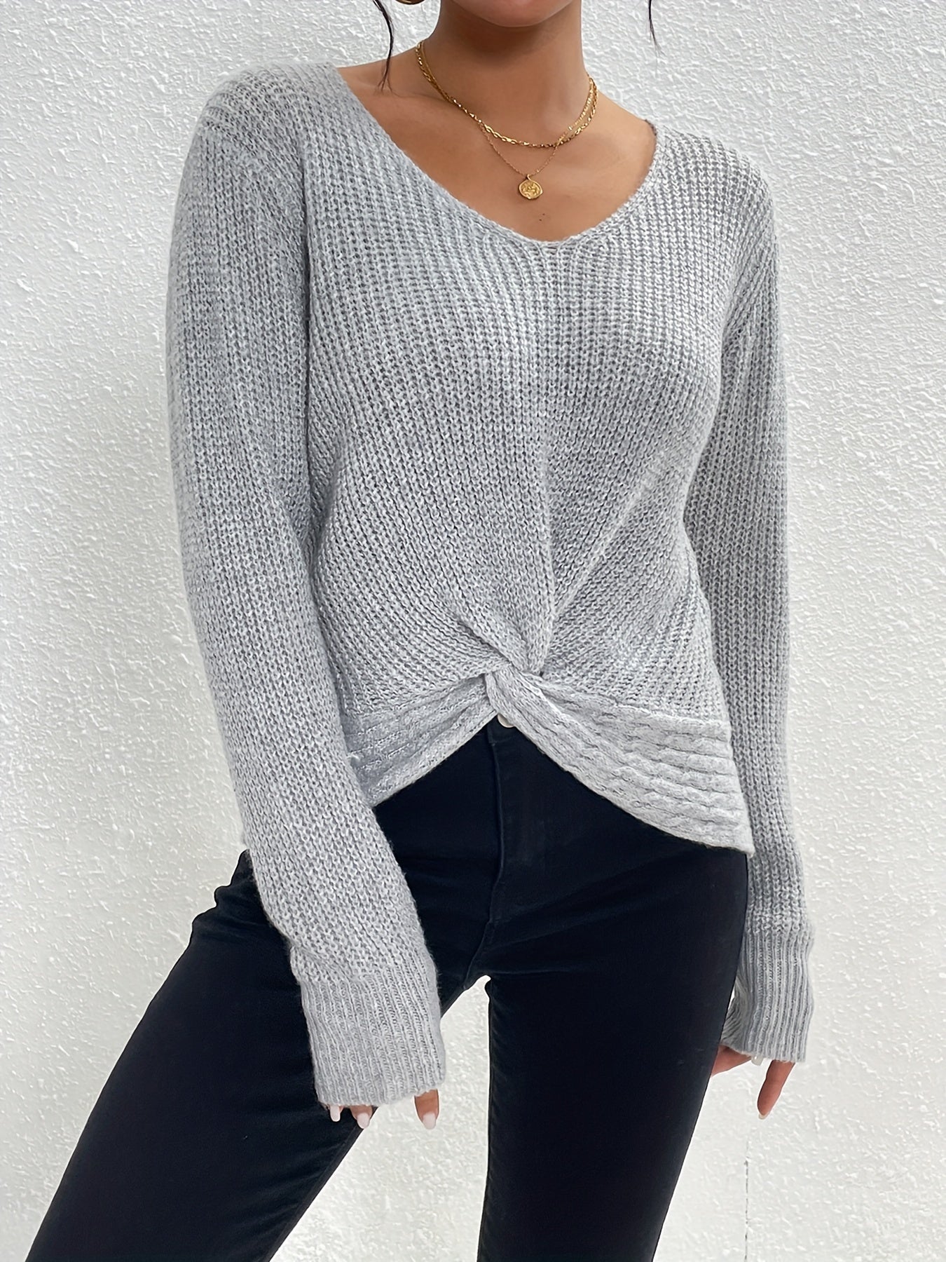 Twist Front V Neck Sweater Long Sleeve Casual Winter Fall Women's Clothing