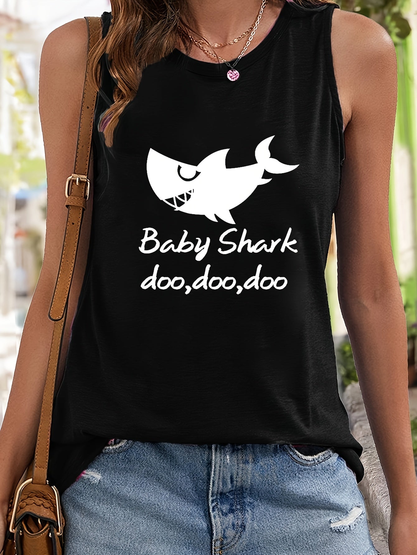 Shark & Letter Print Sleeveless Sports Vest Casual Tops