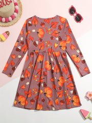 Girls Casual Autumn Flower Print Crew Neck Long Sleeve Dress