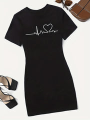 Heart Print Tee Dress Short Sleeve Casual Dress Women's Clothing