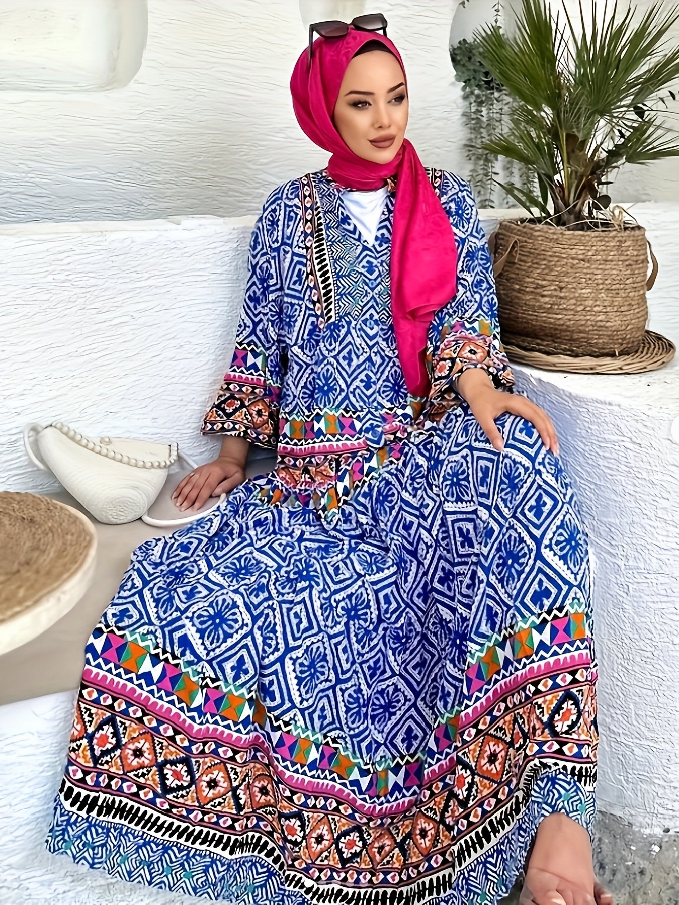  Colorblock Geometric Print Lantern Sleeve Maxi Dress
