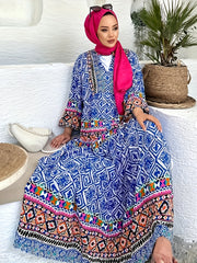  Colorblock Geometric Print Lantern Sleeve Maxi Dress