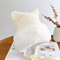Warm Knit Beanie with Cat Ears and Tassels