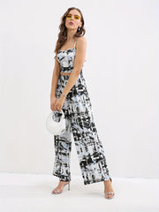 Geo Print Set Spaghetti Strap Top & Wide Leg Pants Outfit
