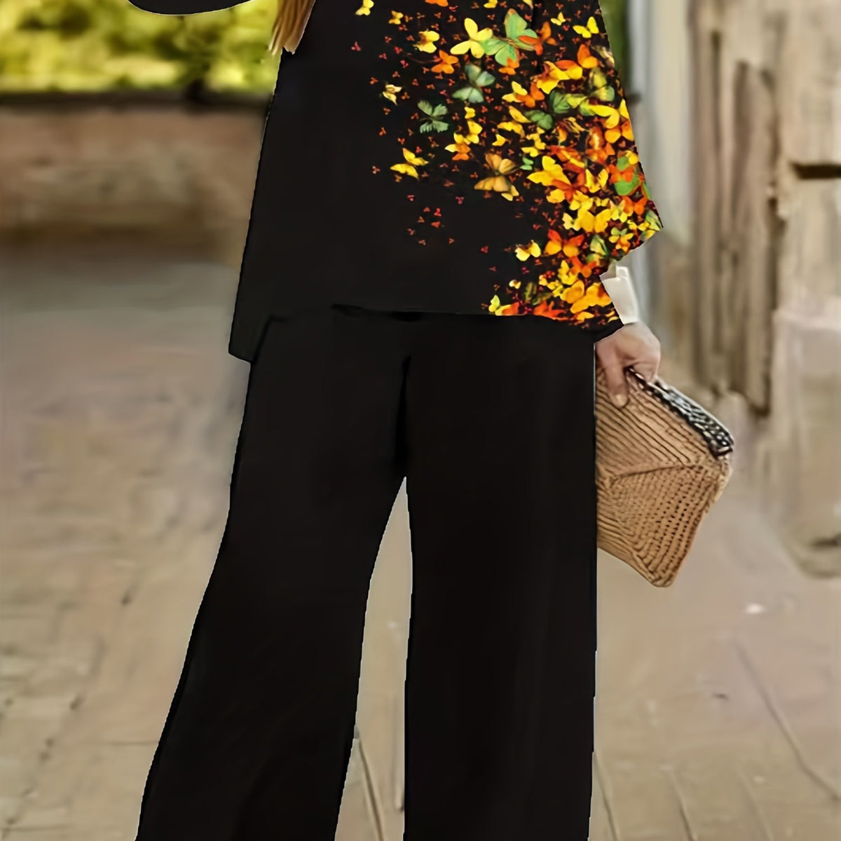  Butterfly Print Long Sleeve Tee & Wide Leg Pants Outfit Set