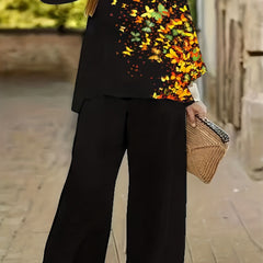  Butterfly Print Long Sleeve Tee & Wide Leg Pants Outfit Set