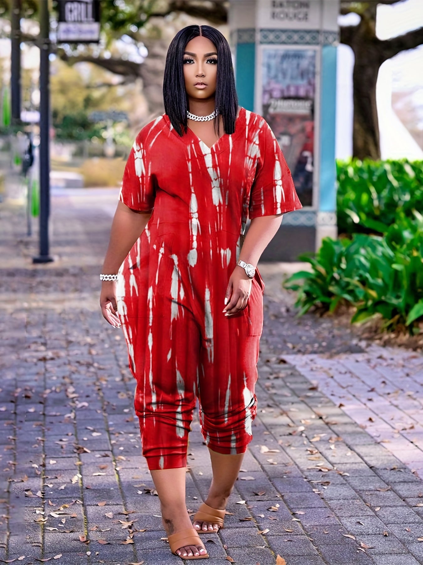  Tie Dye V-Neck Jumpsuit with Pockets