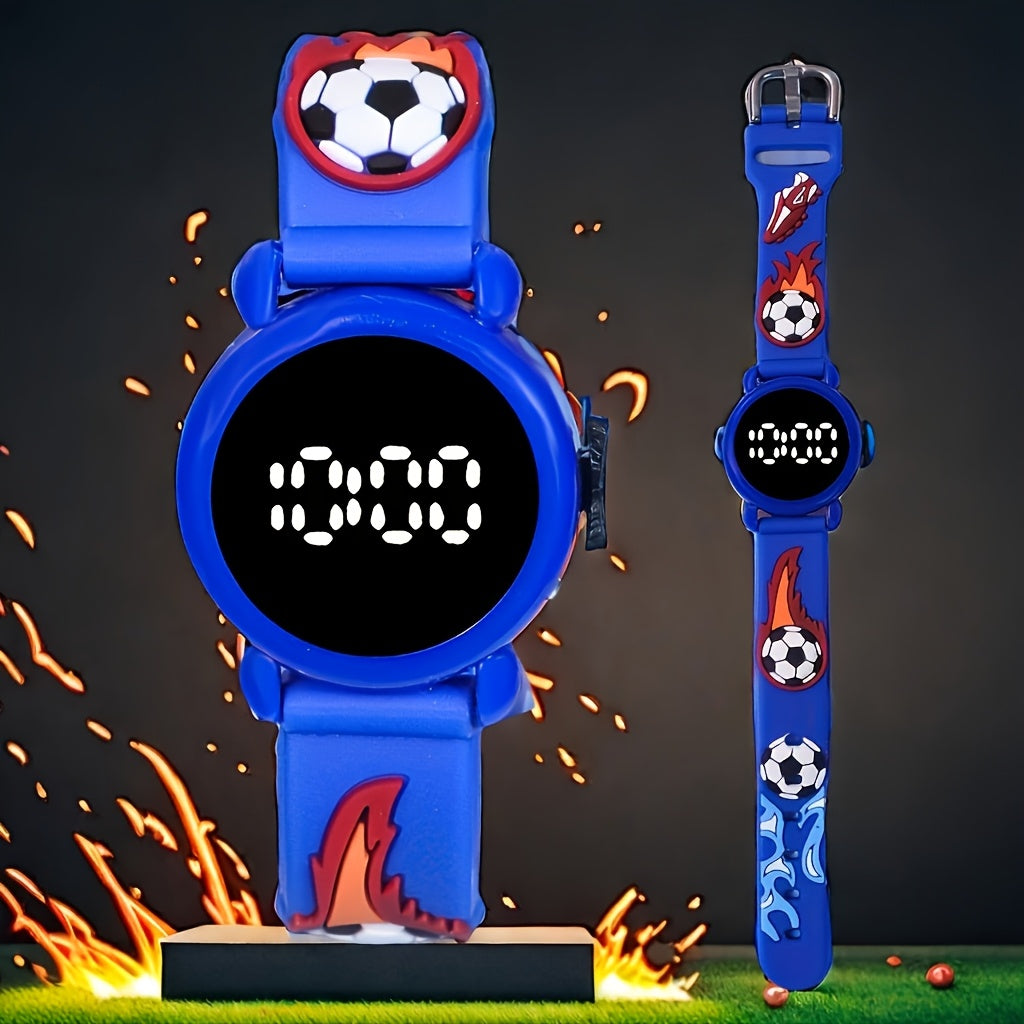 2pcs Boys' Soccer Electronic Watches with Digital Display & Flame Soccer Ball