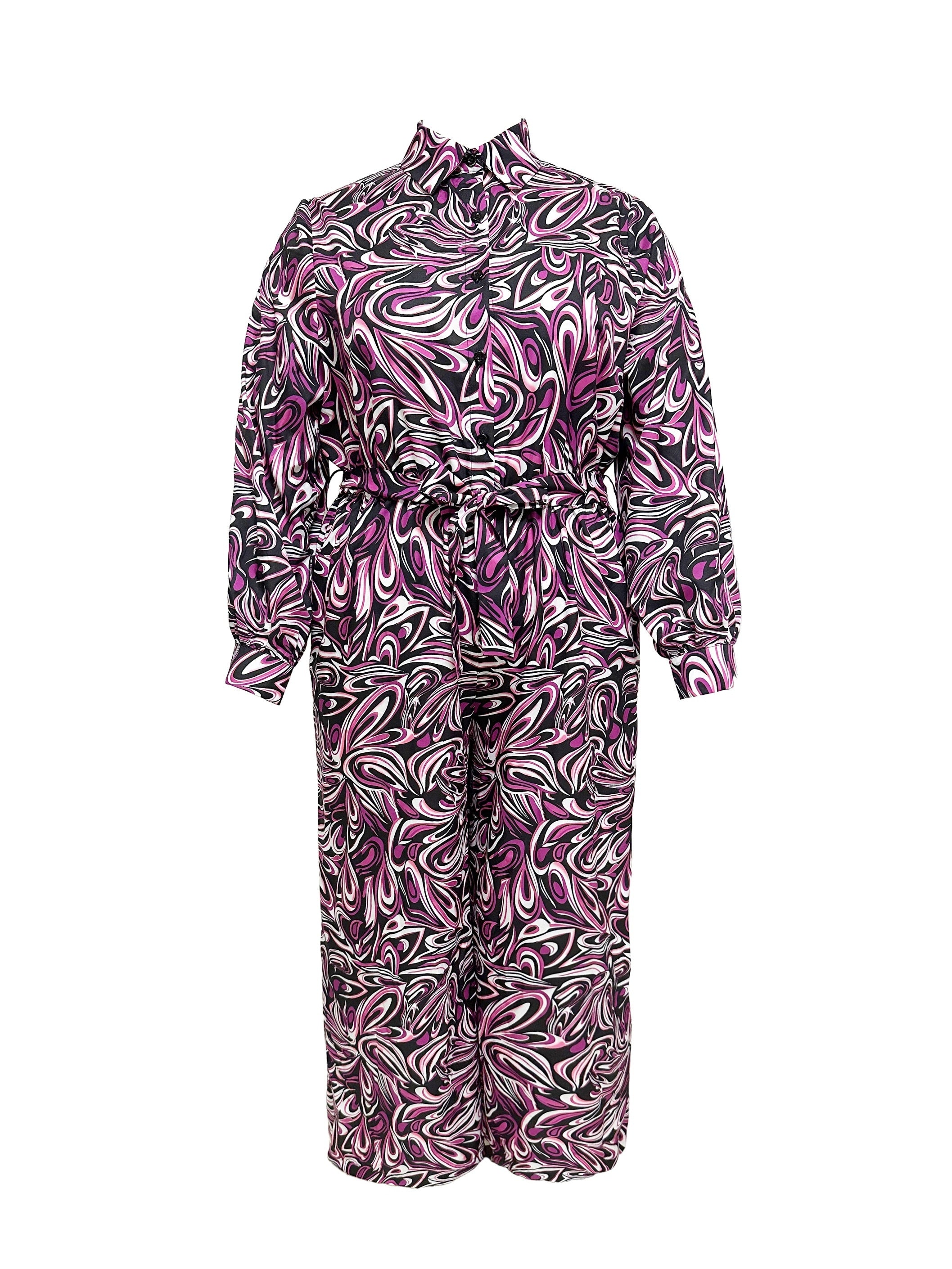  Casual Jumpsuit Women's Plus Allover Print Button Up Long Sleeve