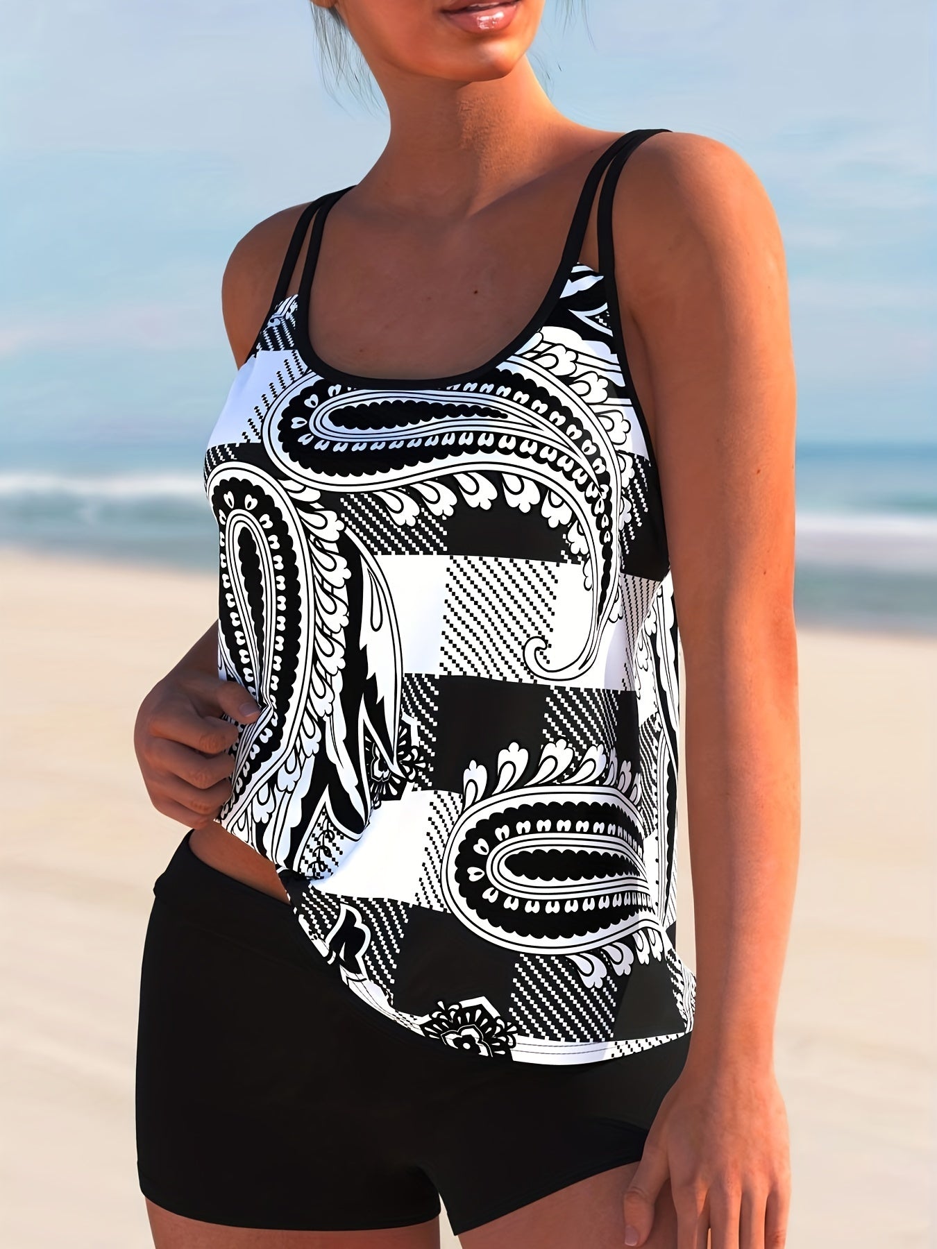  Paisley Print Tankini Set High Stretch Tank Top & Shorts Two Piece