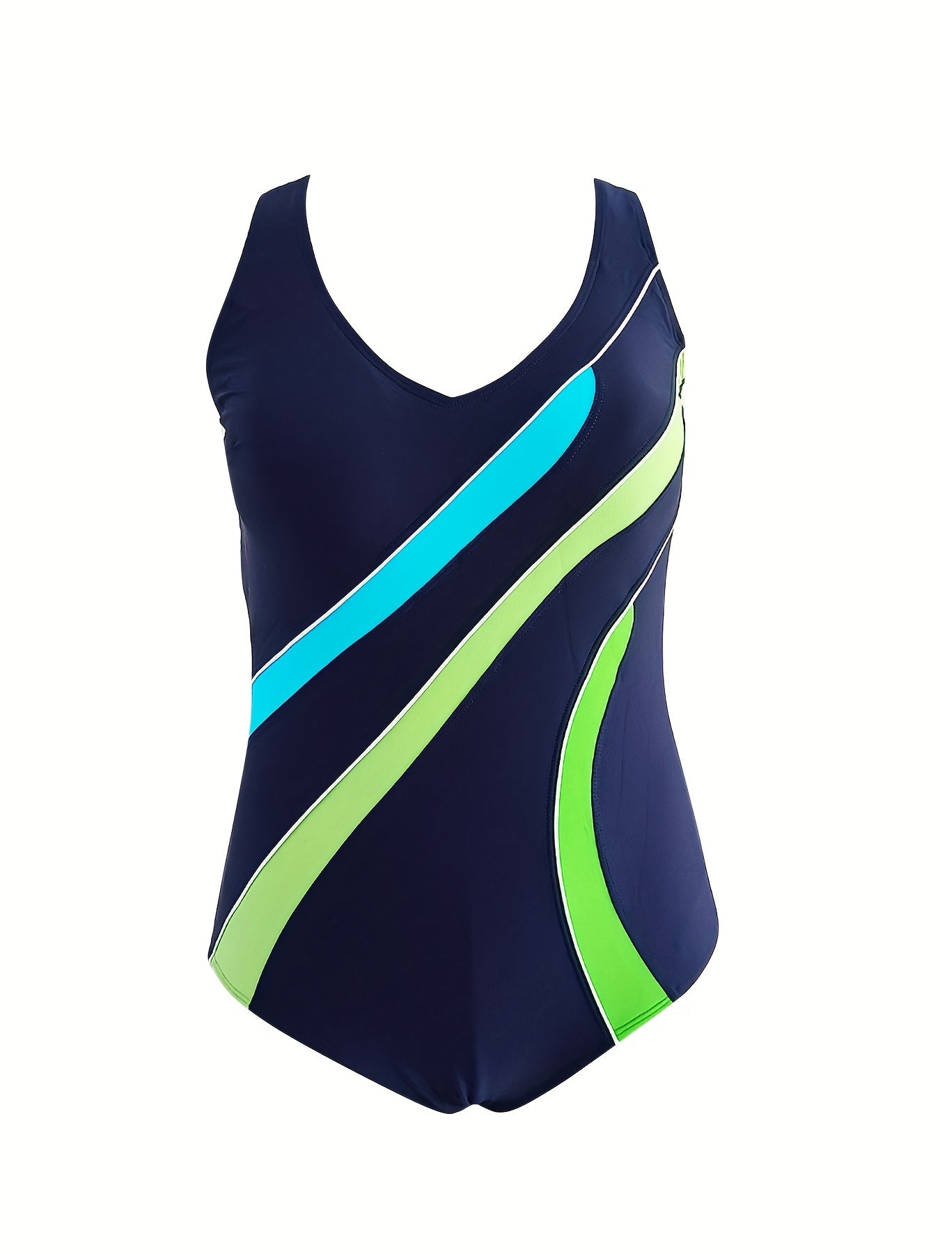  Stripe Print V Neck One Piece Swimsuit