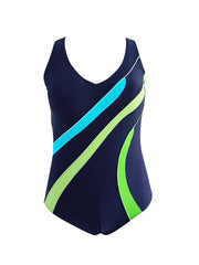  Stripe Print V Neck One Piece Swimsuit
