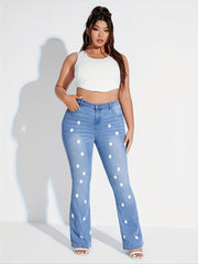  Star Print Button Fly High Rise Skinny Flared Jeans
