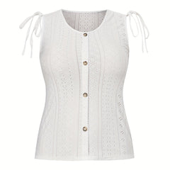  Casual Tank Top Women's Eyelet Embroidered Button Decor
