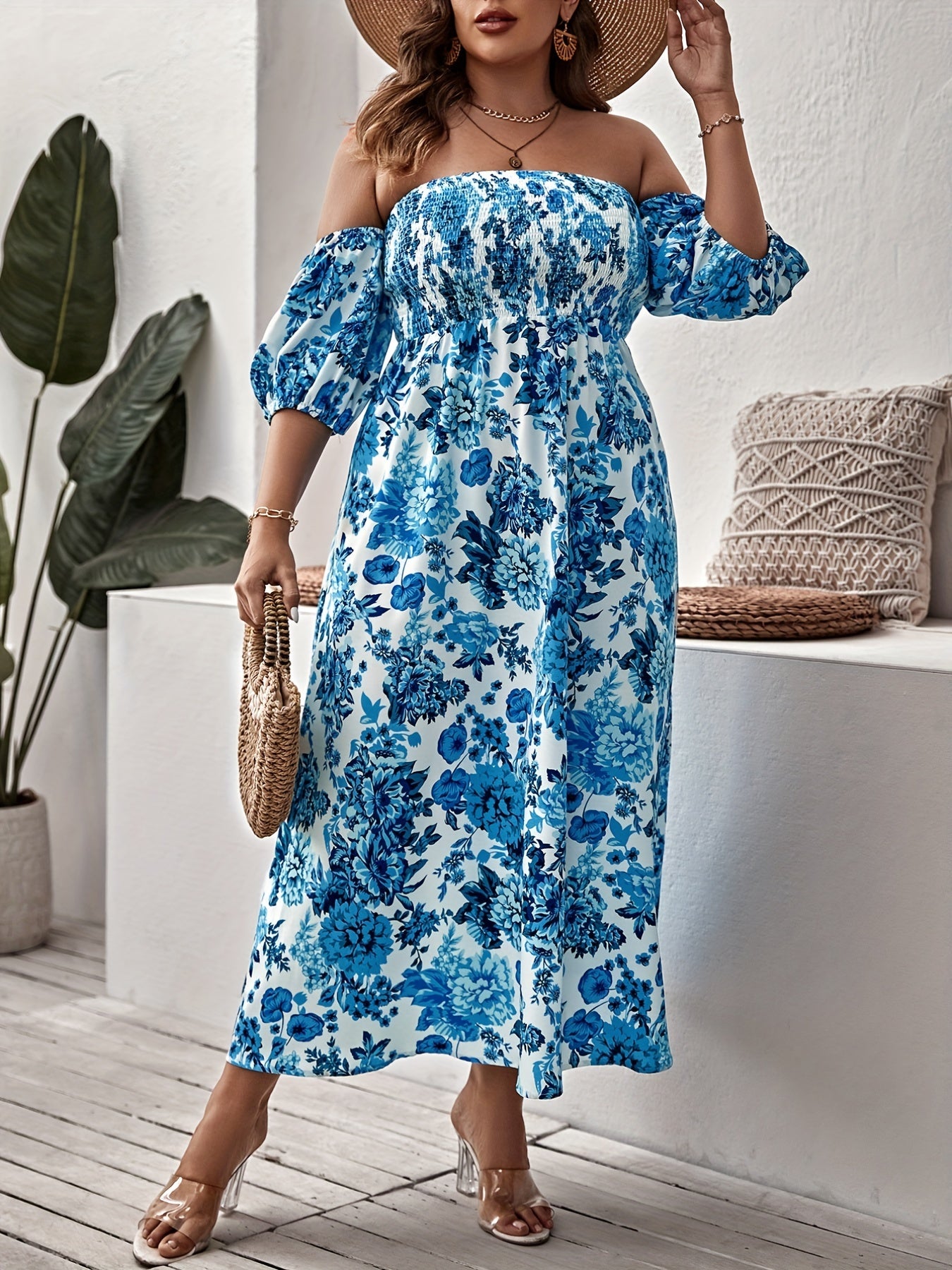 Plus Floral Print Strapless Maxi Summer Dress With Arm Sleeves