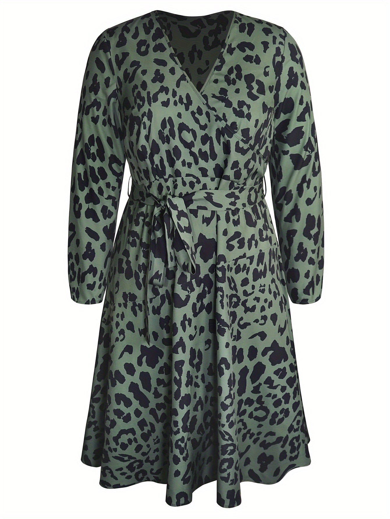  Leopard Print Long Sleeve Surplice Neck Dress With Belt
