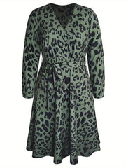  Leopard Print Long Sleeve Surplice Neck Dress With Belt