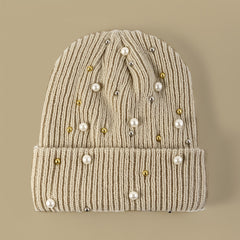 Faux Pearl Beanie Hat Classic Winter Warm Knitted Hat For Women
