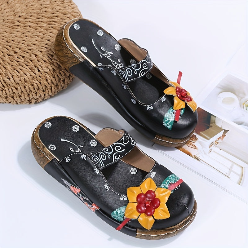 Women's Floral Platform Mules Closed Toe Wedge Slides Sandals