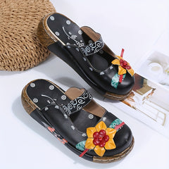 Women's Floral Platform Mules Closed Toe Wedge Slides Sandals