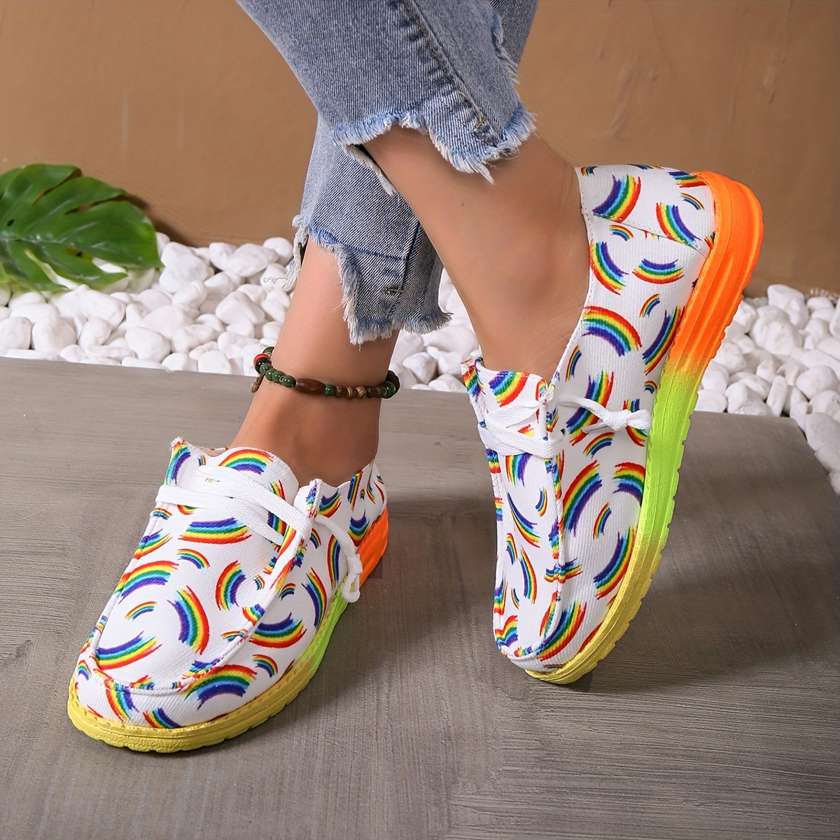 Women's Rainbow Print Canvas Shoes Casual Lace Up Outdoor Shoes