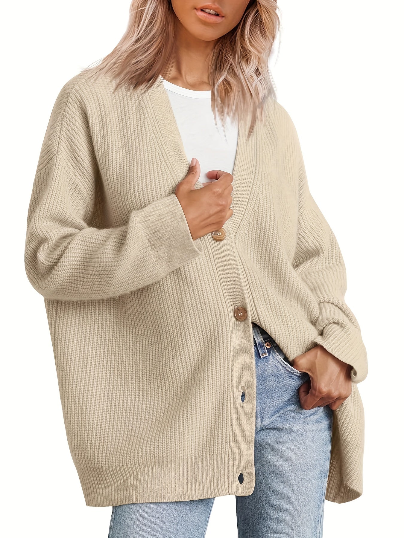  Solid Button Up Long Sleeve V Neck Cardigan