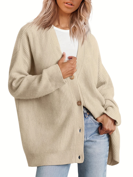  Solid Button Up Long Sleeve V Neck Cardigan
