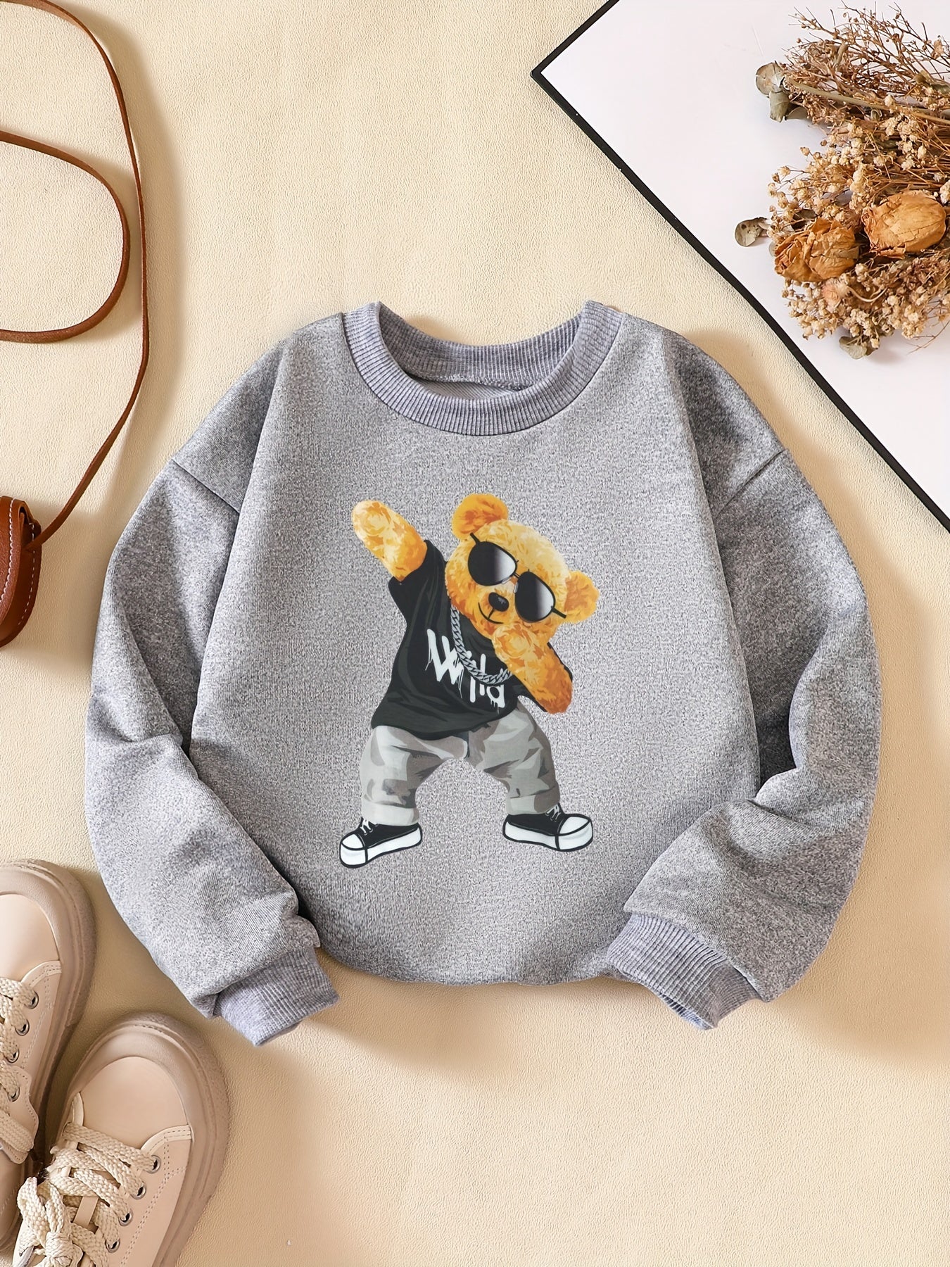 Girls' Hip Hop Bear Print Crew Neck Sweatshirt Long Sleeve Pullovers