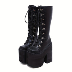 Y2K Side Zipper Platform Boots Closed Toe Lace Up Long Boots