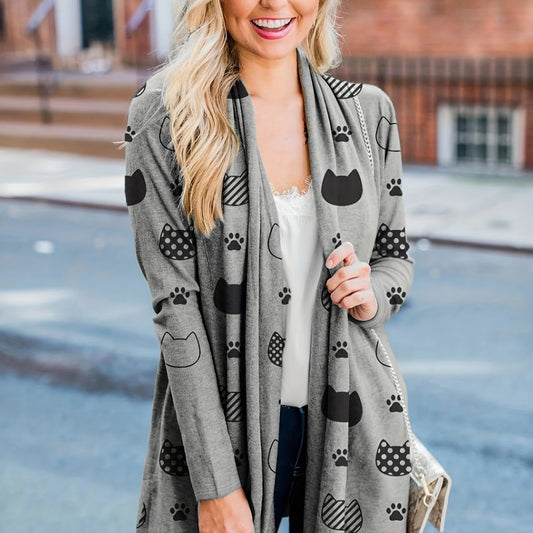  Cat & Paw Print Long Sleeve Open Front Cardigan