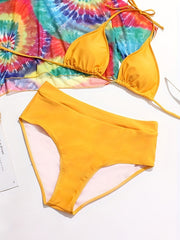  Rainbow Tie Dye Mesh Crop Top & Panties & Bra Swimsuit Set