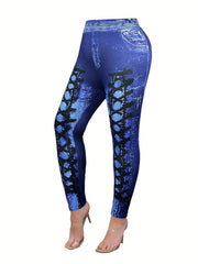  Galaxy Print Peplum Top & Denim Print Leggings Set
