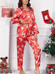 Christmas Elk Print Pajama Set Long Sleeve Top & Pants Women's Sleepwear