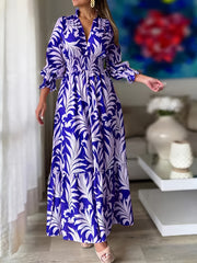 Floral Print Shirred Waist Dress Casual V Neck Long Sleeve