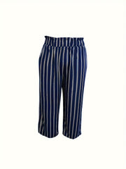  Stripe Print Wide Leg Pants with Pockets