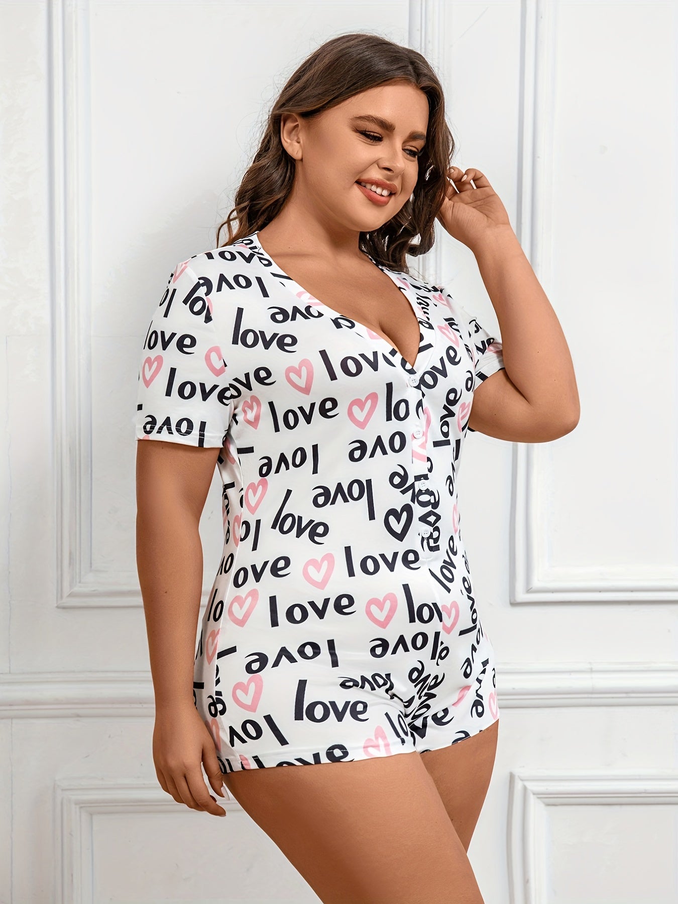  Letter Print Pajama Romper Short Sleeve V Neck