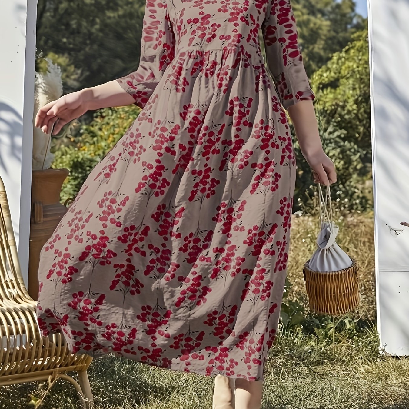  Boho Dress Women's Plus Floral Print Ruched Loose Fit Dress